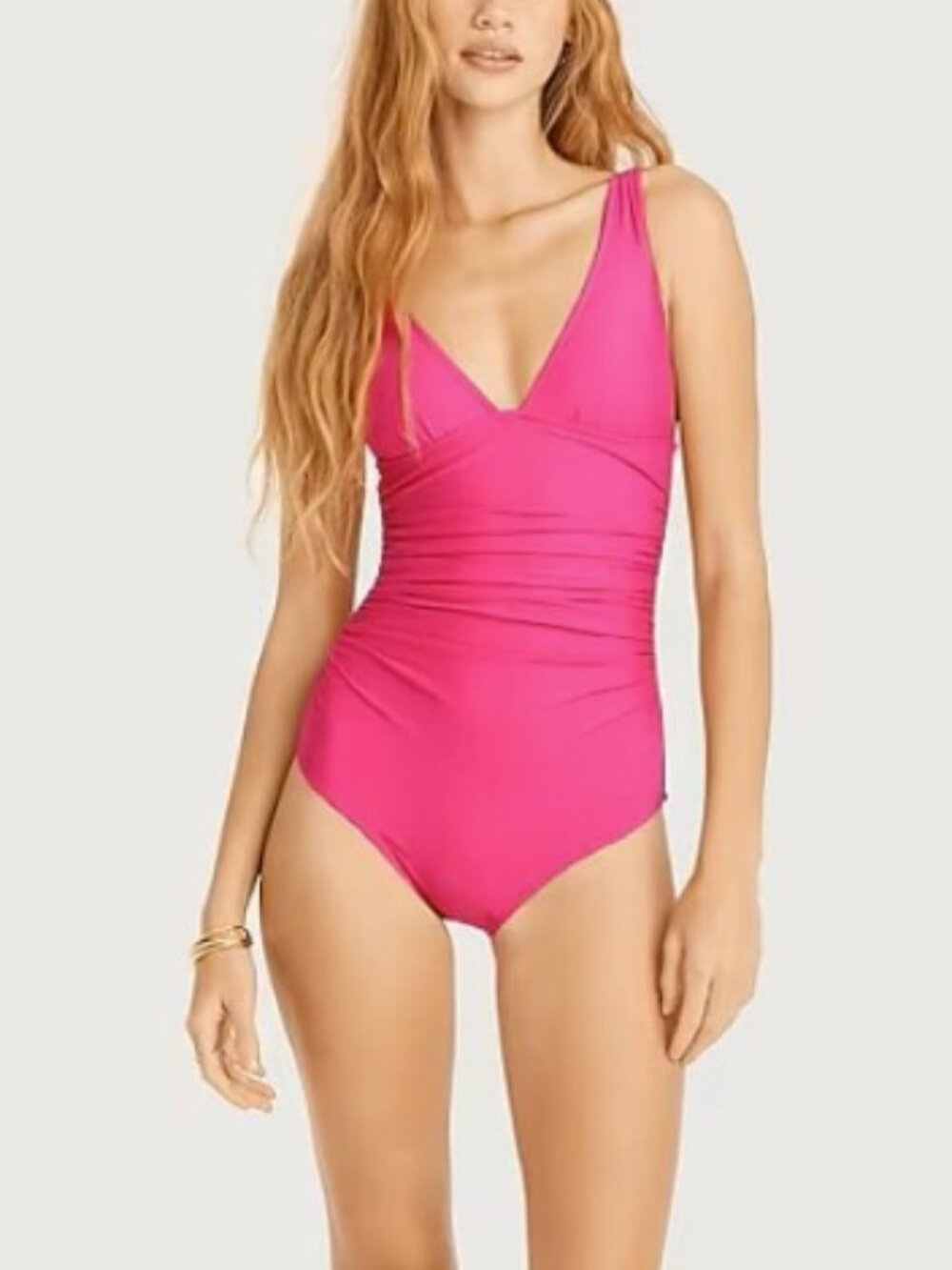 NWOT J. Crew Hot Pink V Neck Ruched One Piece Swimsuit